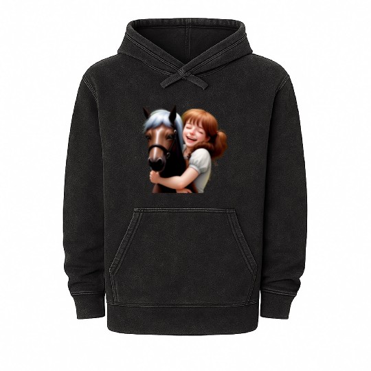 Little Girl Hugs Her Pony Mineral Wash Hoodies