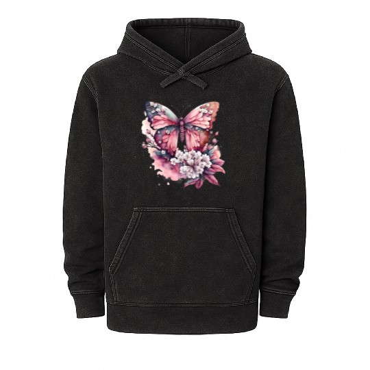 BUTTERFLY FLOWERS WATERCOLOR Mineral Wash Hoodies