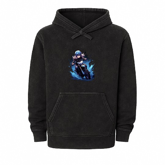 Dirt Bike Anime Girl Ice Racing Motorcycle Ice Mineral Wash Hoodies