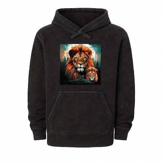Geometric Lion Mother and Lion Cub in the Forest Mineral Wash Hoodies