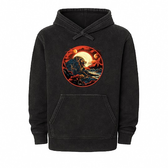 Red Japanese Style Mountain Lion Art Mineral Wash Hoodies