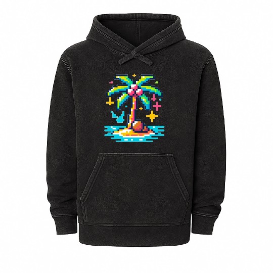 Digital Beach Getaway: Pixel Palm Paradise Mineral Wash Hoodies