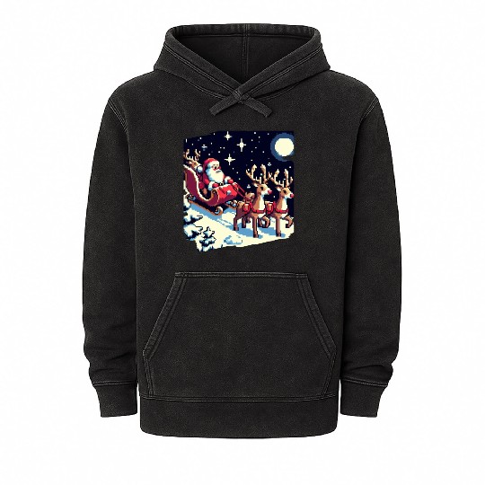 Pixel art scene of Santa s sleigh and reindeer Mineral Wash Hoodies