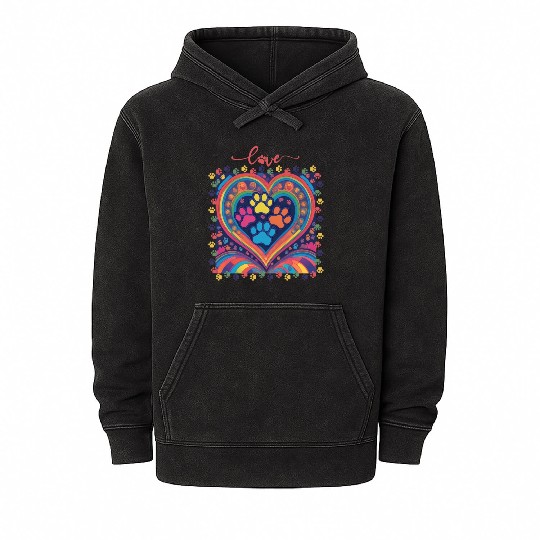 Rainbow Heart Love paw prints Mineral Wash Hoodies
