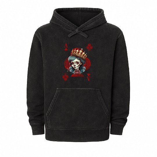 Ace of Clubs Bone Skull Queen Creepy Gothic Mineral Wash Hoodies