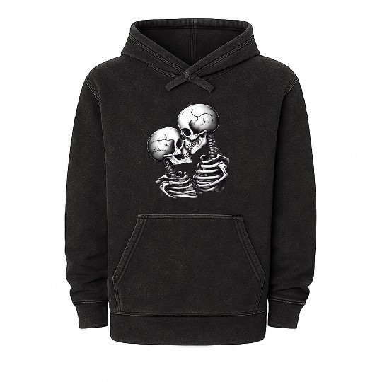 Skeleton Kissing Lovers' Design: Eternal Embrace Mineral Wash Hoodies