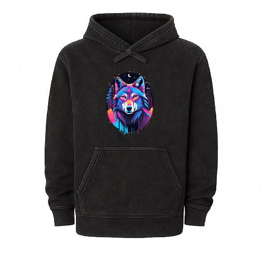 Eerie Blacklight Wolf Mineral Wash Hoodies - Neon Colors