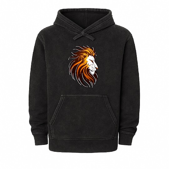 the lion in orange in the style of dark amber Mineral Wash Hoodies