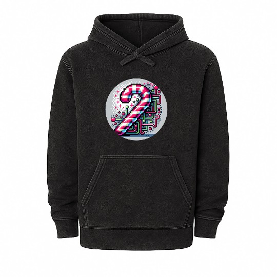 Neon Cyberpunk Candy Cane 8-Bit Pixel Christmas Mineral Wash Hoodies