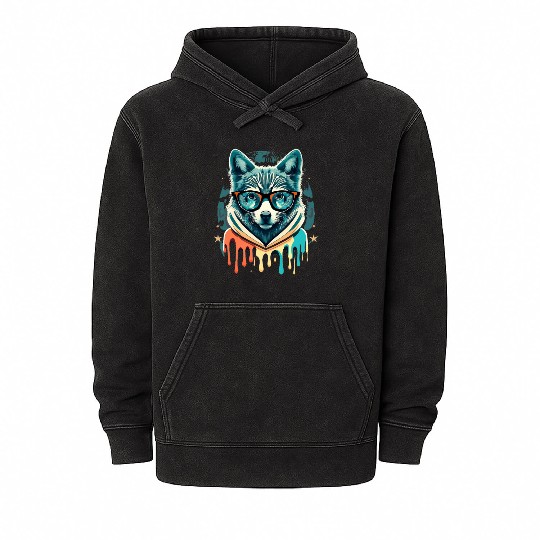 Hipster Wolf Drip Mineral Wash Hoodies