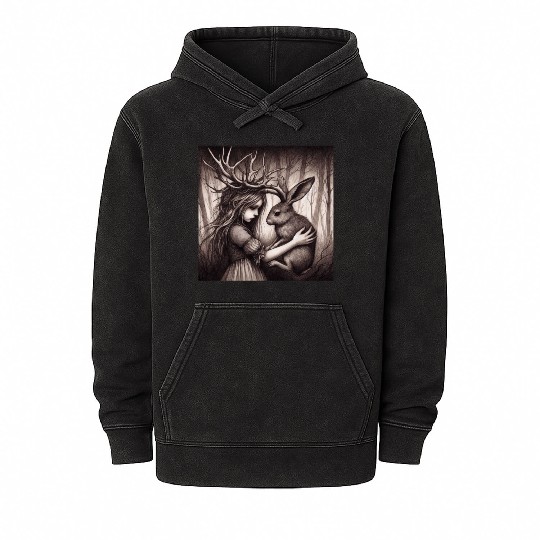 Illustration of Girl with Jackalope Mineral Wash Hoodies