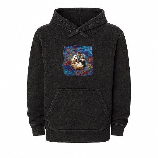 Nativity scene with Mary Joseph Baby Jesus Mineral Wash Hoodies