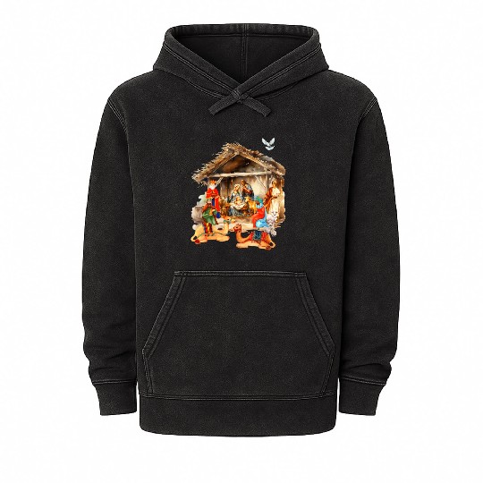 Nativity scene with Mary Joseph Baby Jesus Mineral Wash Hoodies