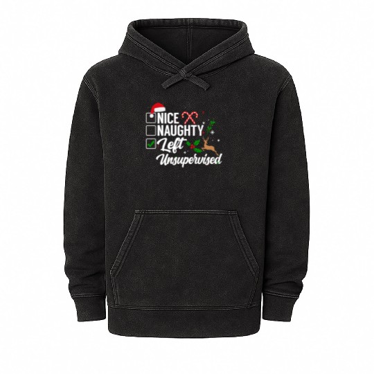 Christmas Nice Naughty Left Unsupervised Reindeer Mineral Wash Hoodies