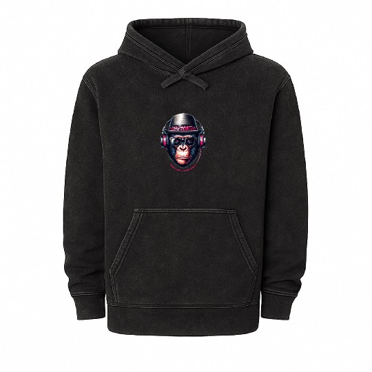 Cartoon Monkey With Headphones, Glasses And Hat Mineral Wash Hoodies