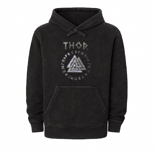 Thor Mjolnir Valknut Vikings Runes Mineral Wash Hoodies