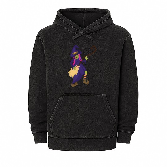 Halloween Witch Using Broom As Guitar Mineral Wash Hoodies