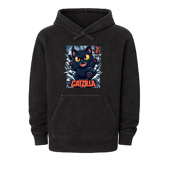 Kaiju Catzilla in Japan Tokyo Mineral Wash Hoodies