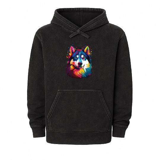 Watercolor Colorful Siberian Husky Mineral Wash Hoodies