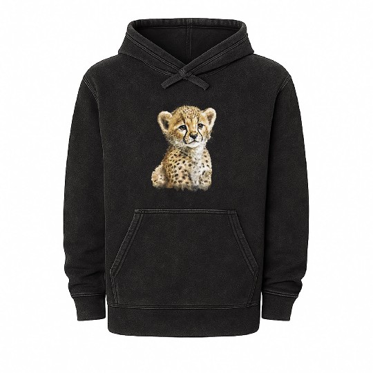 Cheetah Baby Watercolor Painting Portrait Mineral Wash Hoodies