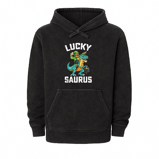Lucky Saurus Dinosaur T Rex St Patrick's Day Mineral Wash Hoodies