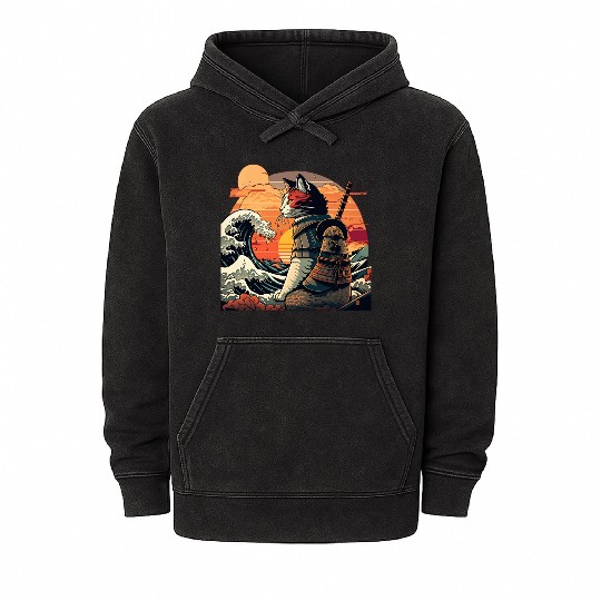 Samurai Cat vs The Great Wave Mineral Wash Hoodies