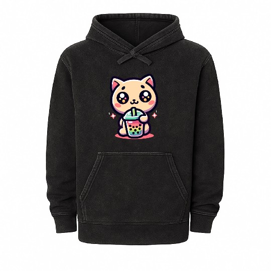 Cat Bubble Tea Boba Kawaii Mineral Wash Hoodies