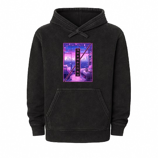 Cyber Night City Japanese Vaporwave Dreamy Aesthet Mineral Wash Hoodies