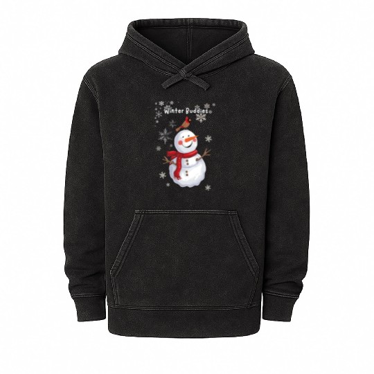 Winter Buddies snowman and bird Mineral Wash Hoodies
