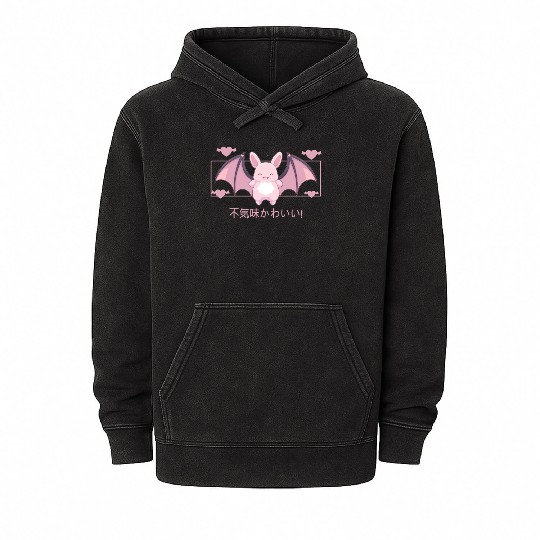 Kawaii Bat Creepy Cute Animal Japanese Kanji Paste Mineral Wash Hoodies