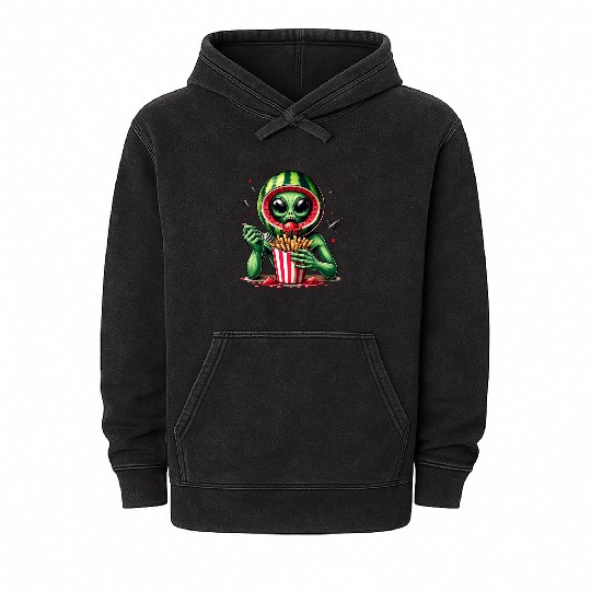 Alien with watermelon helmet eats fries Mineral Wash Hoodies