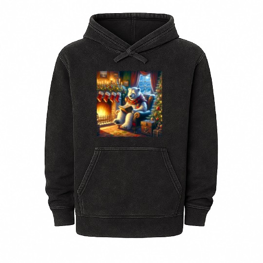 Winter Tales-Merry Cozy Bear Reading by Fireplace Mineral Wash Hoodies