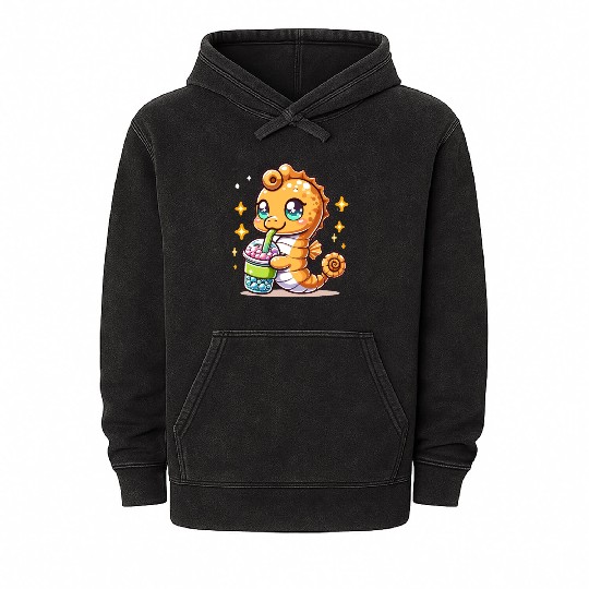 Kawaii Sea Horse Enjoys Bubble Tea Sea Animal Boba Mineral Wash Hoodies