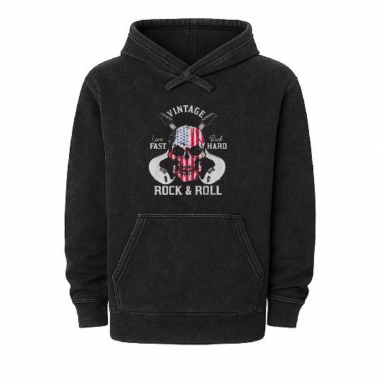 Rock & Roll Guitar Skull USA Flag Gift Mineral Wash Hoodies