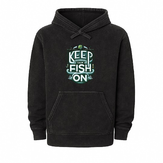 Relaxing 'Keep Calm and Fish On' Angler Design Mineral Wash Hoodies