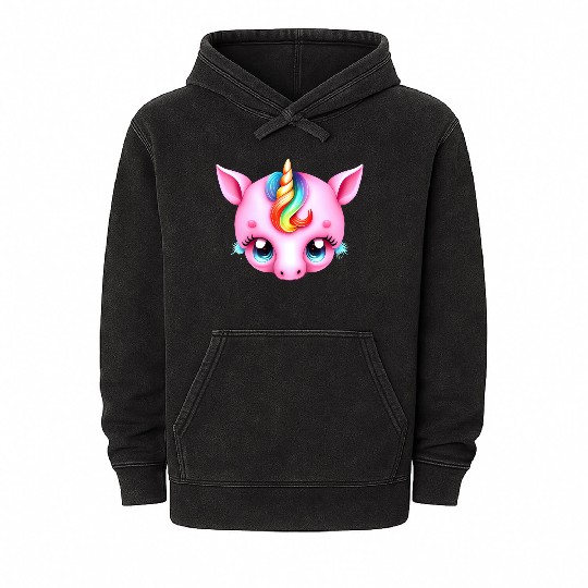 Pink Baby Rainbow Unicorn Head Mineral Wash Hoodies