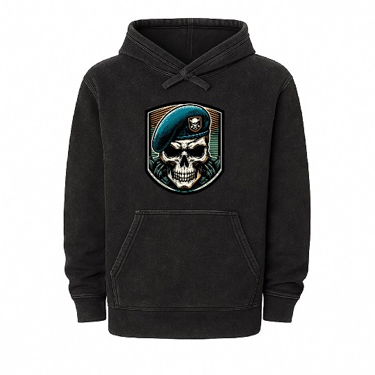 Beret Skull Military Emblem Mineral Wash Hoodies