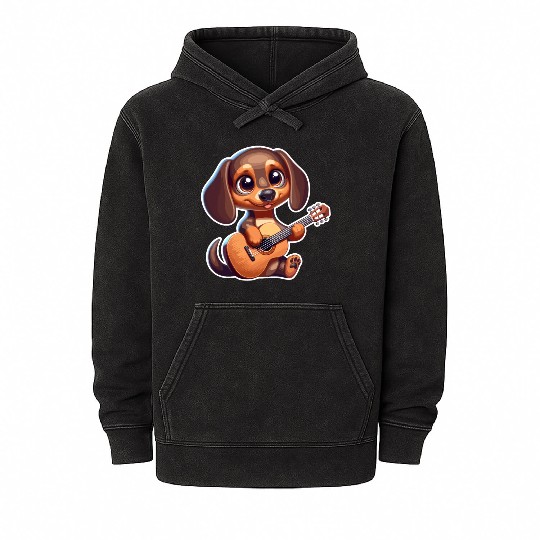 Cute Dachshund playing Guitar Mineral Wash Hoodies