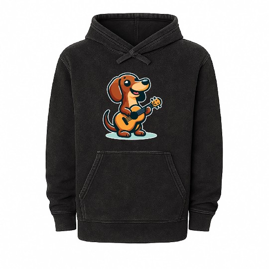 Cute Dachshund playing Guitar Mineral Wash Hoodies