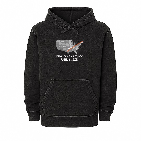 Total Solar Eclipse April 8 2024 USA Map Totality Mineral Wash Hoodies