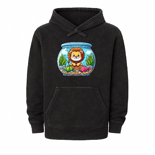 Lion in Aquarium: Underwater Fish Mineral Wash Hoodies