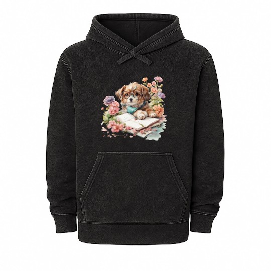cute cartoon puppy wearing glasses Mineral Wash Hoodies