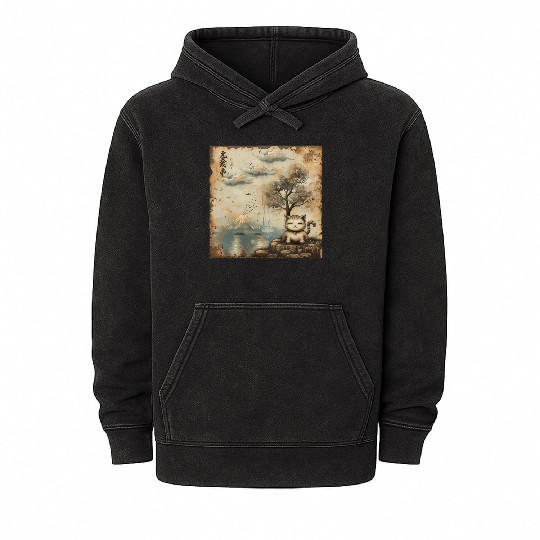 Mt. Fuji Kitten Papyrus Scroll Retro Japanese Art Mineral Wash Hoodies