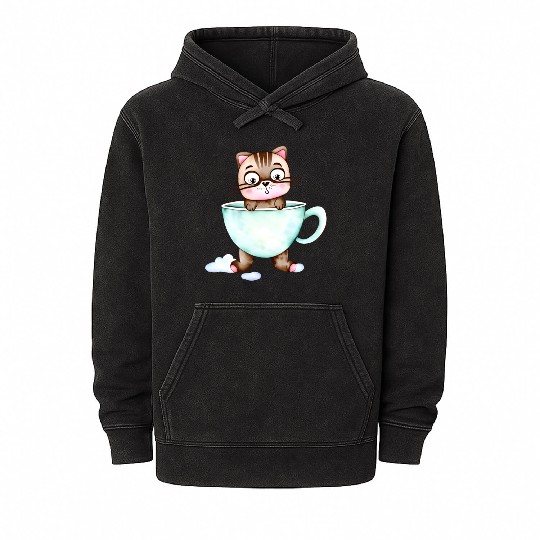 Surprised Silly Cat Wearing Coffee Cup Mineral Wash Hoodies