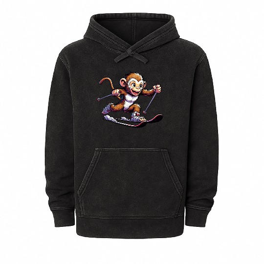 Monkey Chimpanzee Skier Winter Vacation Design Mineral Wash Hoodies