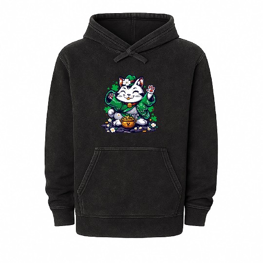 Kawaii St Patricks Day Cat With a Pot Of Gold Mineral Wash Hoodies