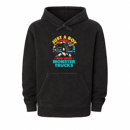 Just A Boy Who Loves Monster Trucks Toddler Kids Mineral Wash Hoodies