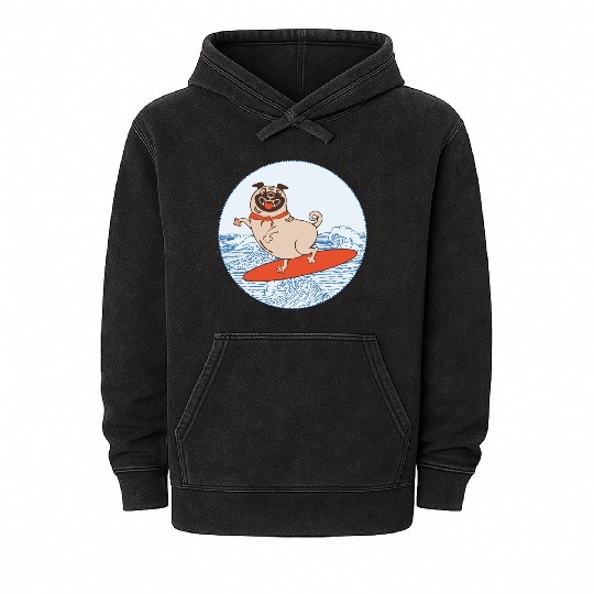 Waves riding pug puppy on surfboard Mineral Wash Hoodies