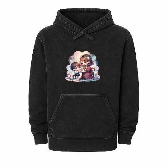 Mother and Son Enjoying a Cozy Tea Party Mineral Wash Hoodies