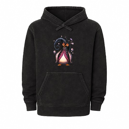 Surreal Swirls: Quirky Penguin in a Magical World Mineral Wash Hoodies